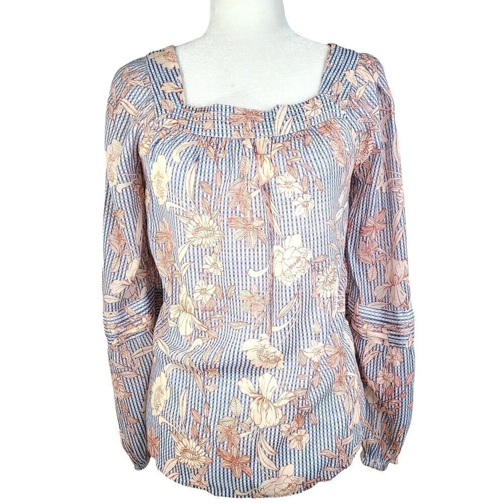 LC Lauren Conrad Blue Floral Square Neck Long Sleeve Gauzy Top
